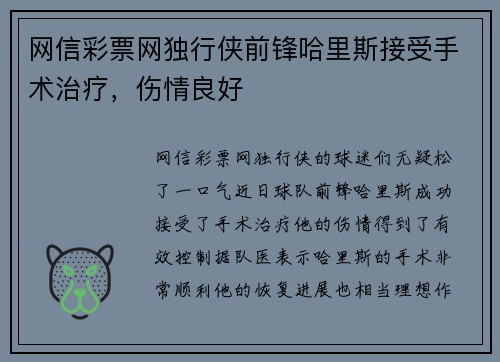 网信彩票网独行侠前锋哈里斯接受手术治疗，伤情良好
