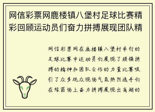 网信彩票网鹿楼镇八堡村足球比赛精彩回顾运动员们奋力拼搏展现团队精神