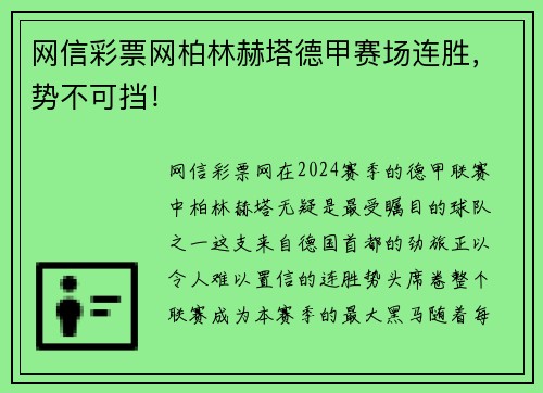 网信彩票网柏林赫塔德甲赛场连胜，势不可挡！