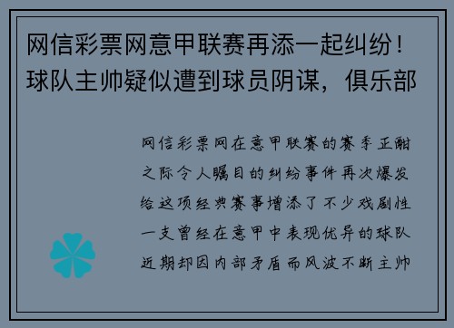网信彩票网意甲联赛再添一起纠纷！球队主帅疑似遭到球员阴谋，俱乐部高层集体辞职事件引发热议
