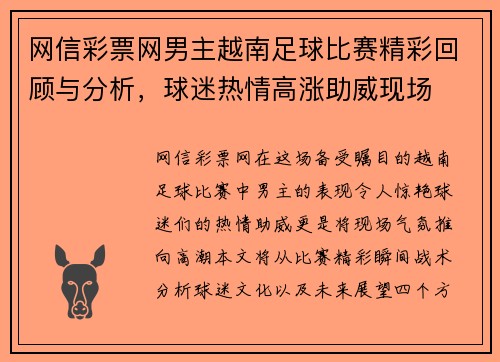 网信彩票网男主越南足球比赛精彩回顾与分析，球迷热情高涨助威现场