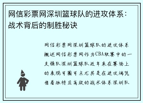 网信彩票网深圳篮球队的进攻体系：战术背后的制胜秘诀