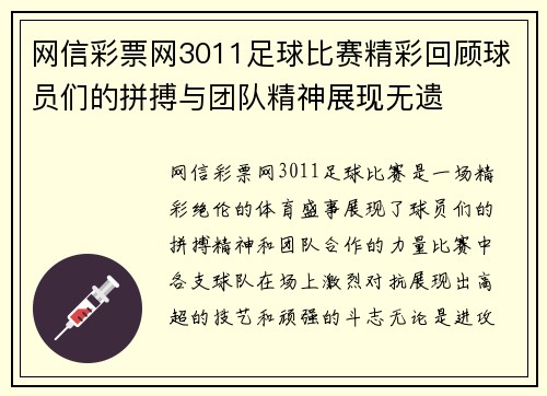 网信彩票网3011足球比赛精彩回顾球员们的拼搏与团队精神展现无遗