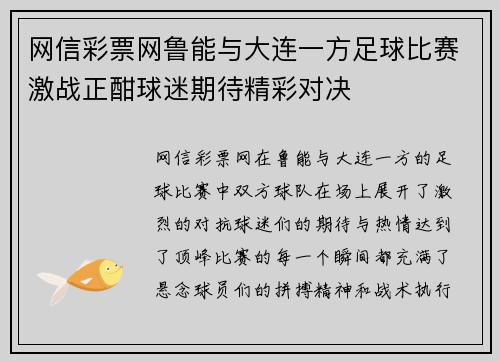网信彩票网鲁能与大连一方足球比赛激战正酣球迷期待精彩对决