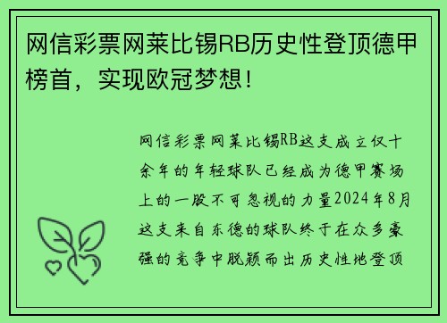 网信彩票网莱比锡RB历史性登顶德甲榜首，实现欧冠梦想！