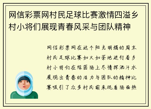 网信彩票网村民足球比赛激情四溢乡村小将们展现青春风采与团队精神